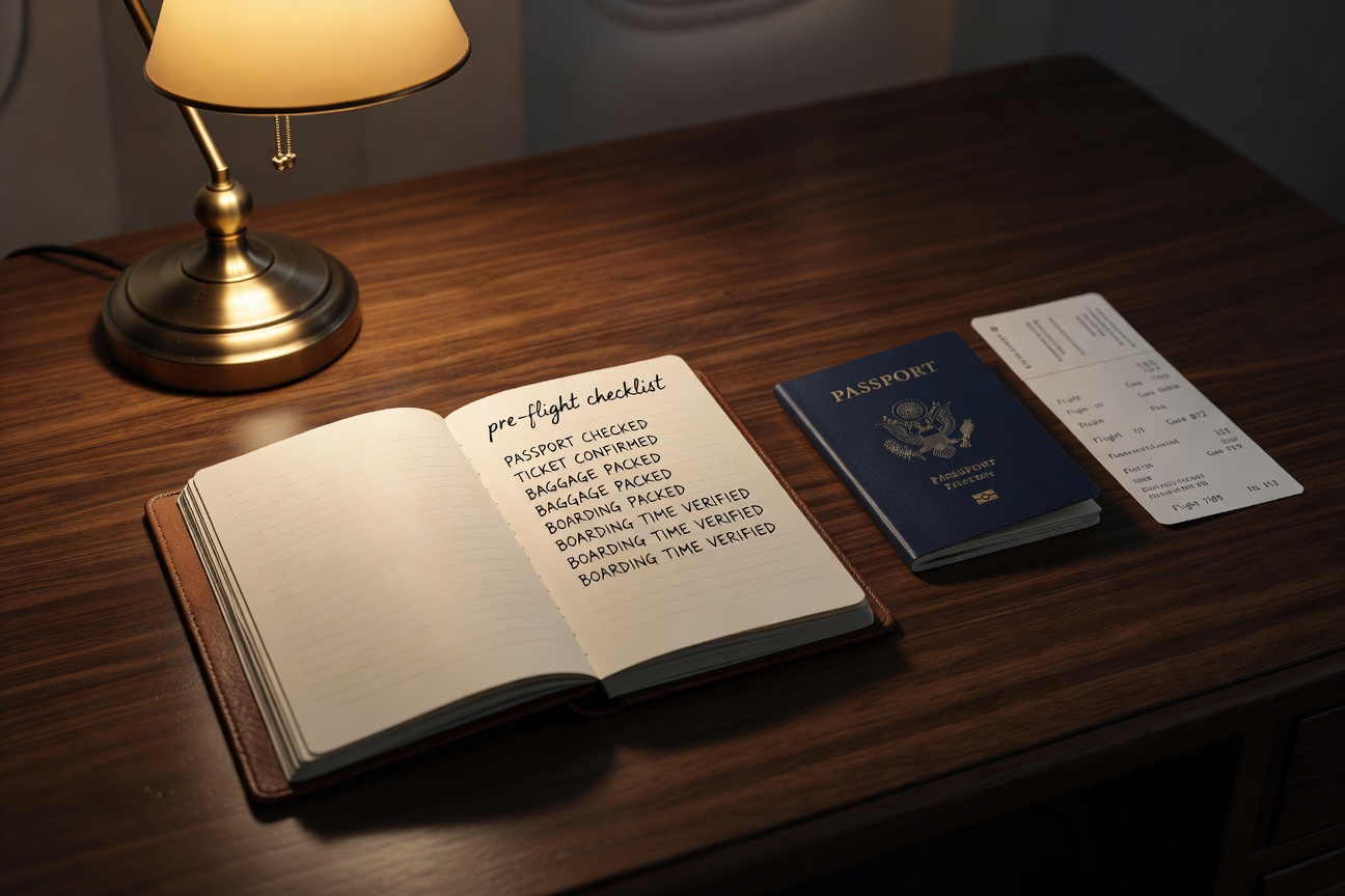 passport, ticket, warm desk light, no text