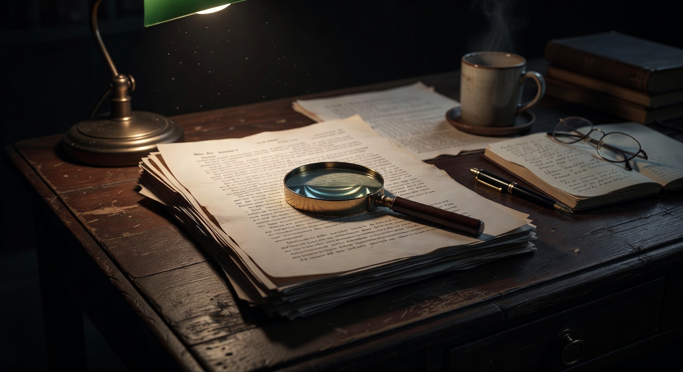 analytical desk scene, dark moody lighting, no text