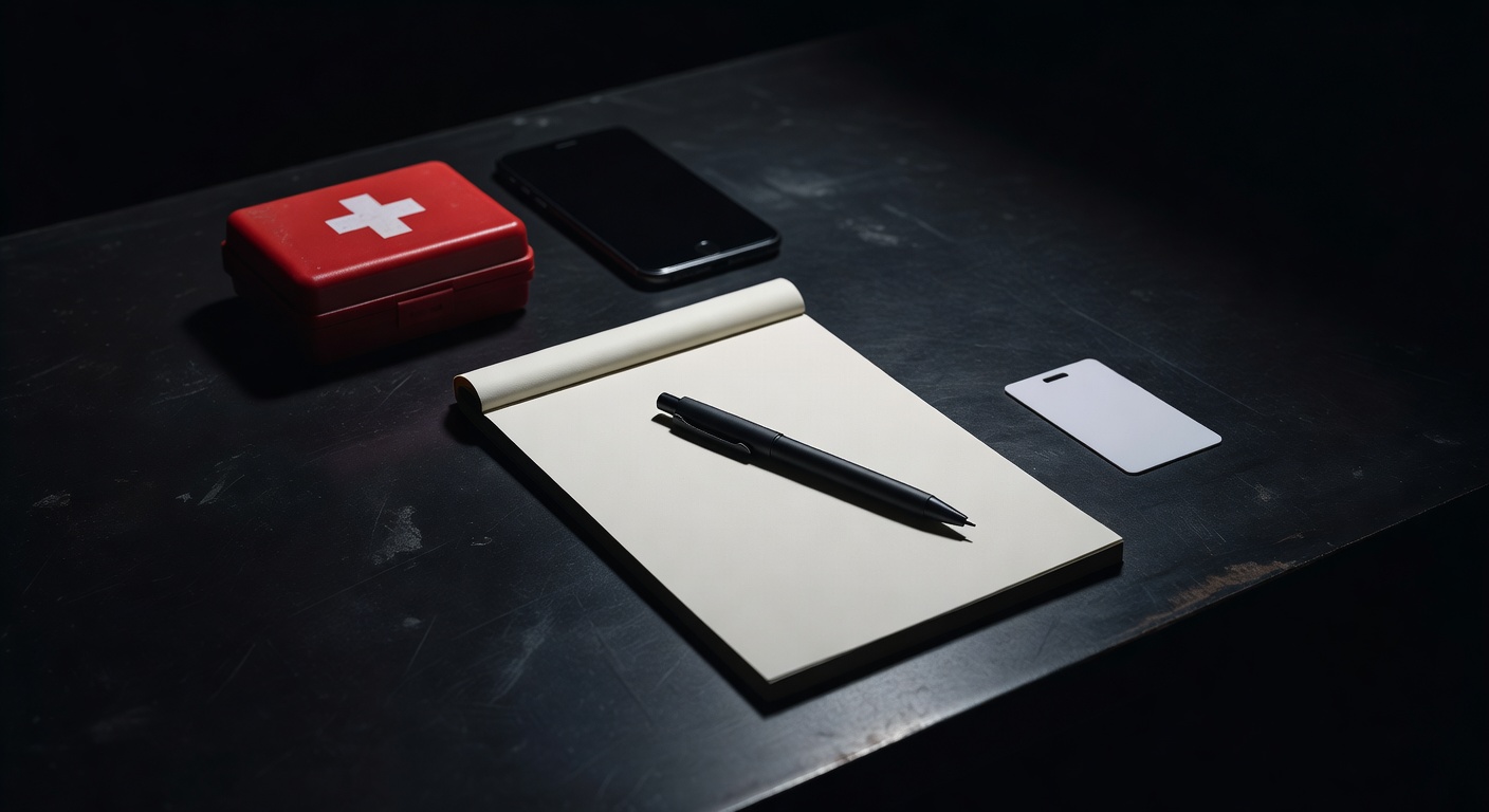 first aid kit, phone, and key card arranged neatly on dark surface, safety preparation theme, no text