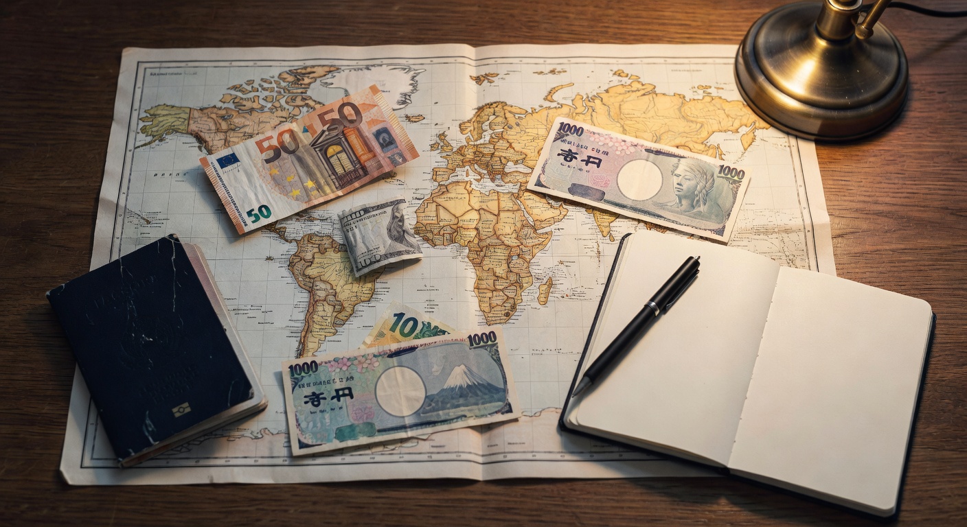 passport, currency notes from different countries, pen, notebook, warm desk lamp lighting, no text