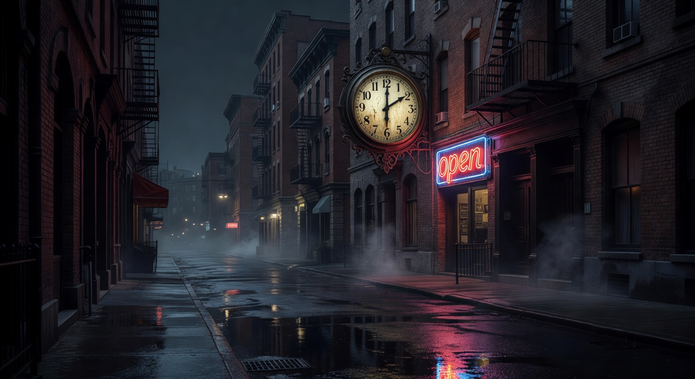 neon "open" sign, dark city street scene, no text